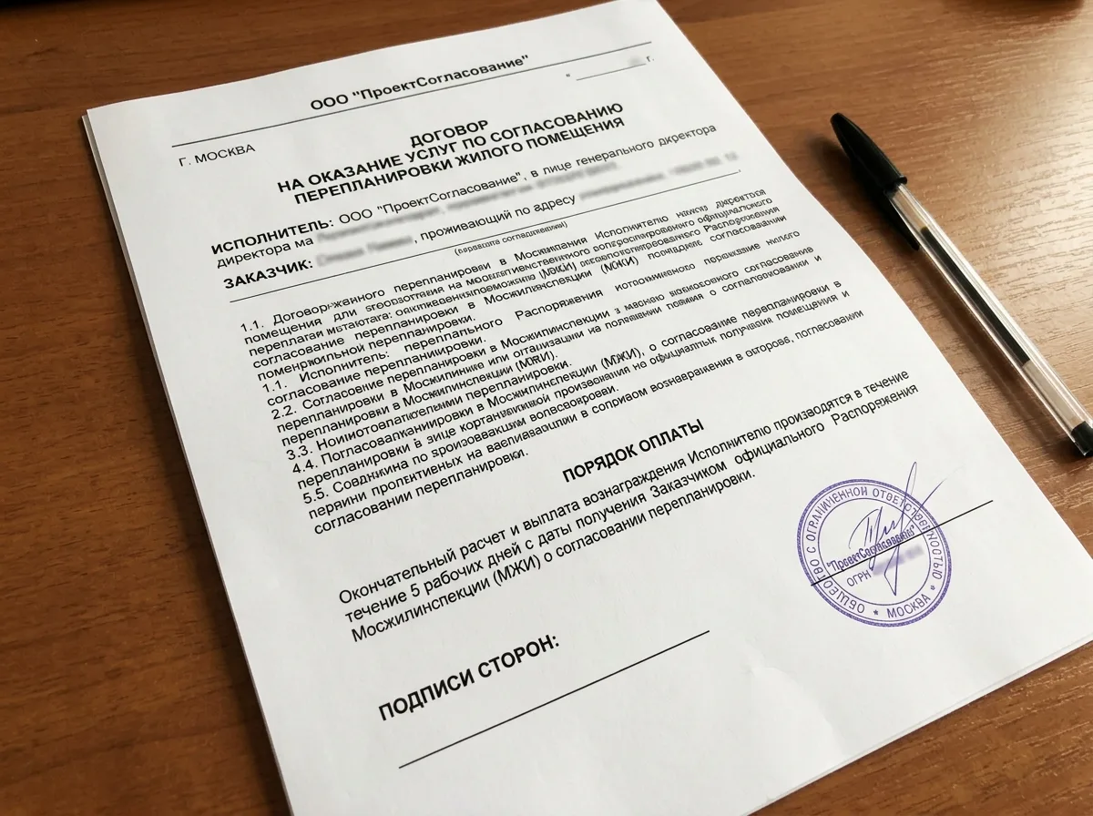Договор на согласование перепланировки квартиры с печатью ООО ПроектСогласование — документ с условием оплаты после разрешения МЖИ